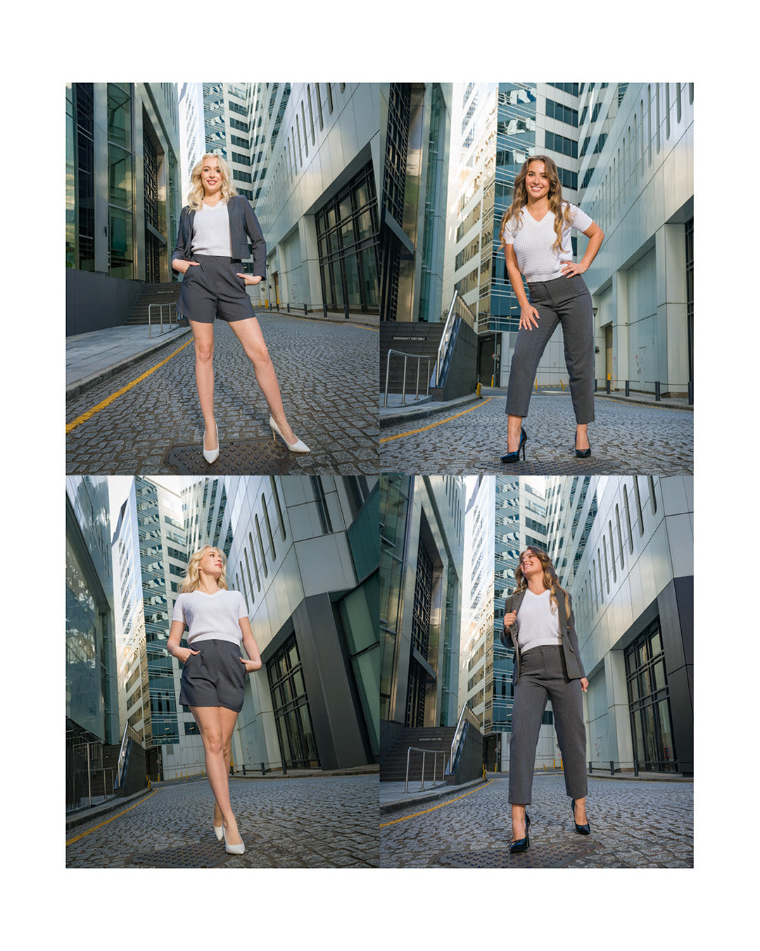 Petite tailored grey blazer, shorts and pants set designed for women 158cm and under, styled in a modern city environment.
