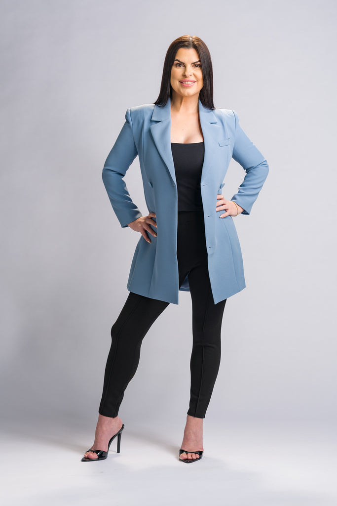 Style by Kezy Suzie Blazer Dress worn open as a blazer in dusty blue, petite women's fashion, Australian fashion label based in Brisbane, Queensland.